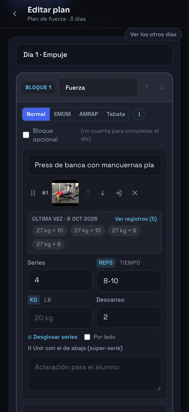El editor de planes de Vyro en el teléfono, con un plan de demostración