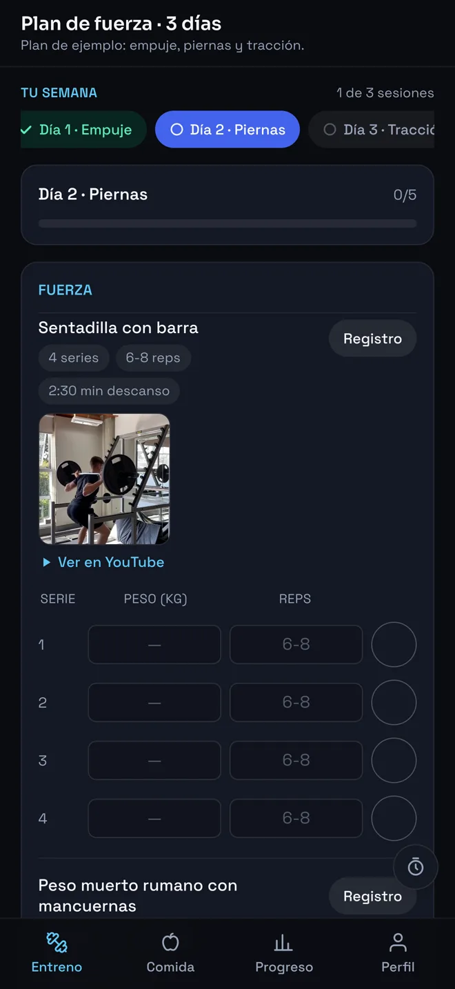 Lo que ve el alumno o el socio al entrar: el entreno del día con cada serie para registrar