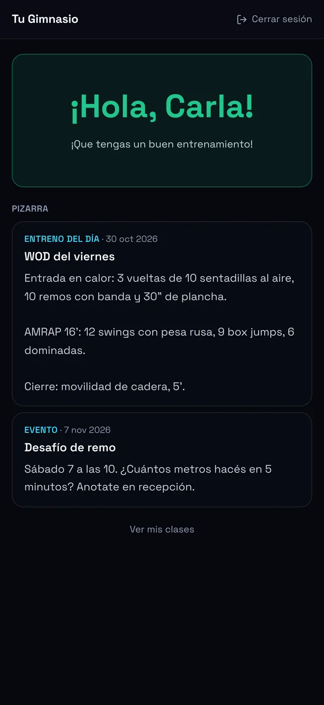 La app del socio: el saludo de su gimnasio y la pizarra con el entreno del día