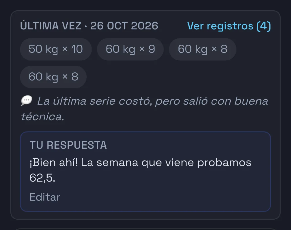 La última vez: 50 kg por 10, 60 kg por 9 y 8, su comentario y la respuesta del profe